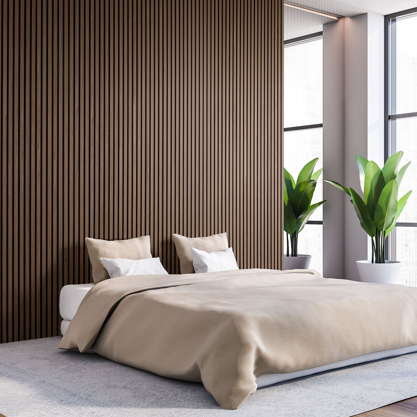 Corner of stylish master bedroom with dark wooden and white walls, wooden floor and comfortable king size bed. 3d rendering Akustikpanel Rökt Ek - Bild 4