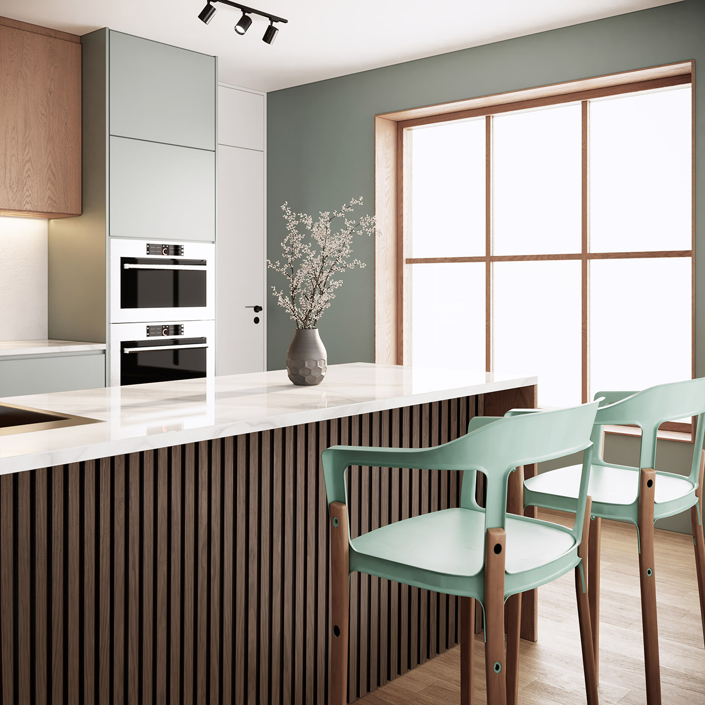 Japandi modern scandinavian kitchen and dining room interior design and decoration with green pastel chairs, wooden kitchen couter, dried flower in vase on the marble counter top and sunlight window. Akustikpanel Valnöt - Bild 5