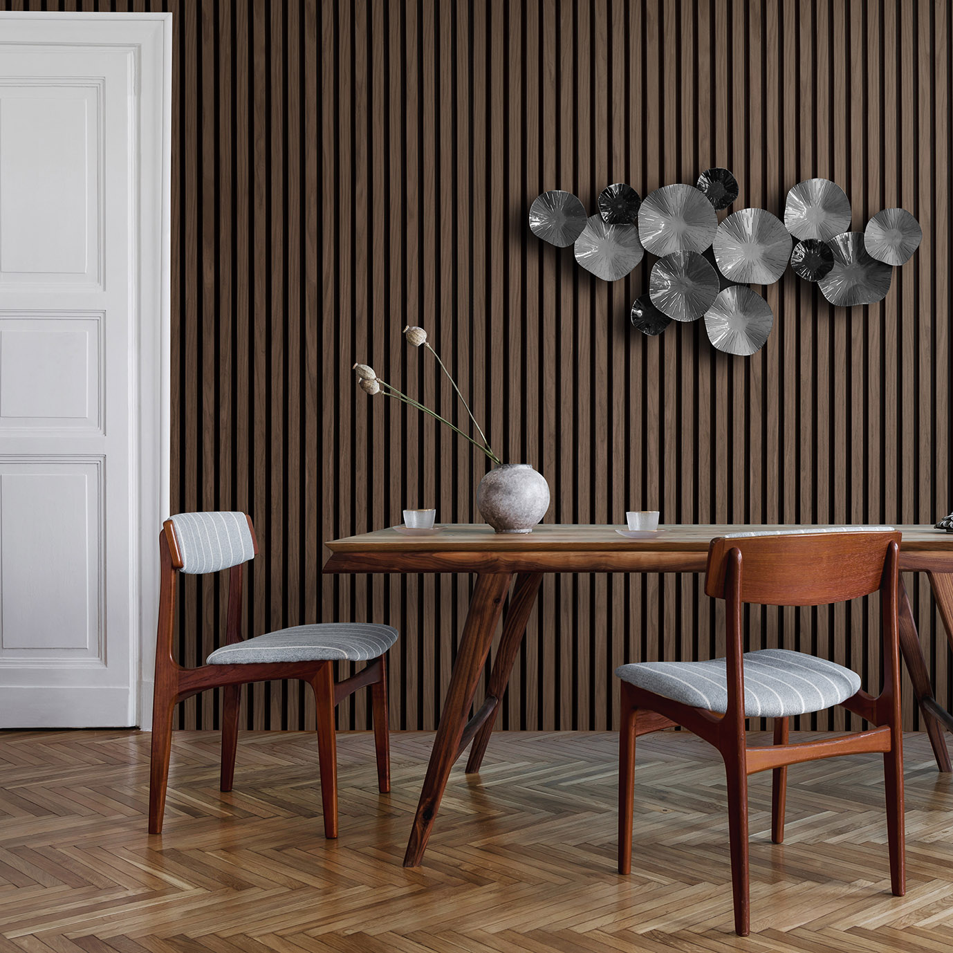 Modern dining room interior with glamour wooden table , stylish chairs and design decoration. Template. Home decor. Akustikpanel Valnöt - Bild 4